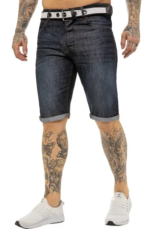 Enzo | Jeansshorts med bälte för män - Dark Stonewash