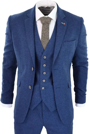 Infinity Mens 3 Piece Blue Tweed Wool Twill Vintage Classic Suit