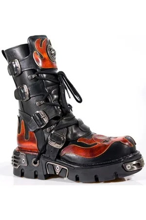New Rock Flame Accented Biker Skull Boots i /rött läder - 107-S1