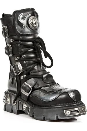 New Rock Flame Accented Biker Boots i /silverfärgat läder - 107-S2