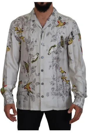 Dolce & Gabbana Casual skjorta i siden-satin med vitt fågelmönster för herr