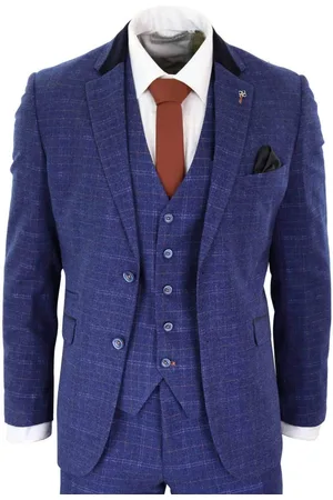 Infinity Mens 3 Piece Blue Tweed Check Vintage Classic Suit