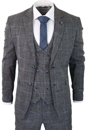 Infinity Mens 3 Piece Grey With Blue Check Tweed Vintage Classic Suit