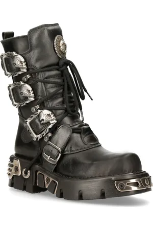 New Rock Svarta Mid-Calf Gothic läderstövlar-391-S1