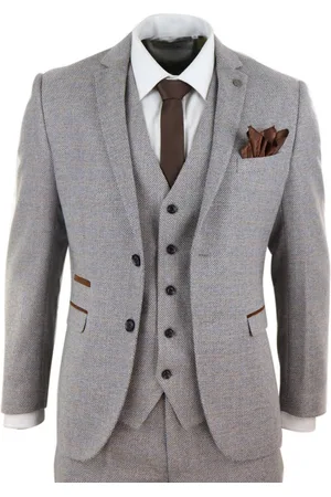 PAUL ANDREW Herr 3-delad kräm tweed rutig vintage retro kostym