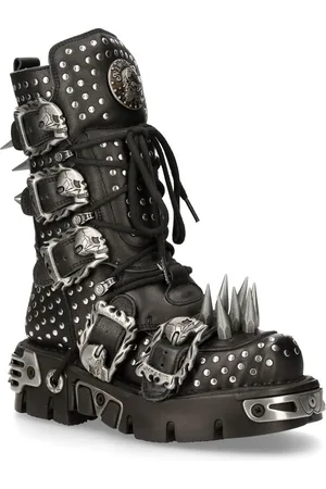 New Rock Svarta läderstövlar med nitar - Gothic Boots-1535-S1