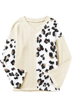 Azura Exchange Asymmetrisk Leopard Patchwork V-halsad tröja med vida ärmar för kvinnor i