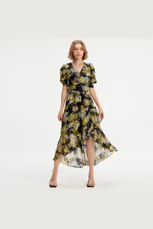 Smart & Joy Linear Flower Print Klänning med urringad fåll