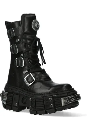 New Rock Svarta mid calf läder gothstövlar-WALL1473-S11