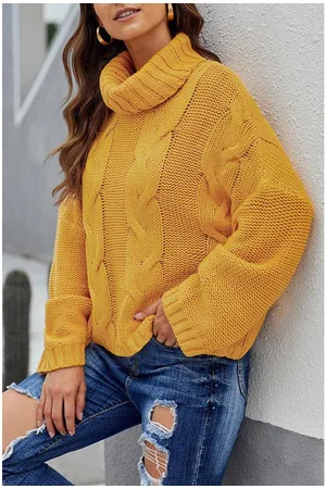 Azura Exchange Kabelstickad handgjord Turtleneck-tröja för kvinnor i gult