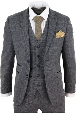PAUL ANDREW Herr 3 Delar Marinblå Tweed Rutig Vintage Retro Kostym
