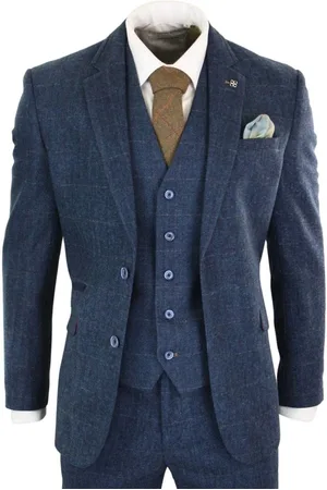 Infinity Mens 3 Piece Navy Blue Tweed Herringbone Vintage Classic Suit