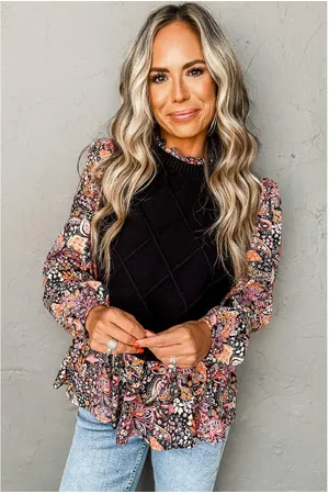 Azura Exchange Black Contrast Floral Sleeve Peplum Sweater