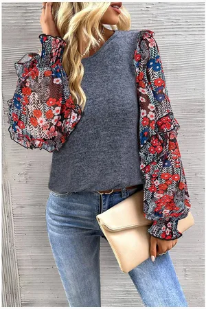 Azura Exchange Blue Ruffle Tiered Floral Sleeve Crew Neck Blouse
