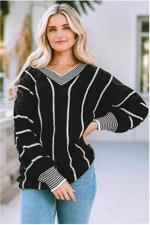 Azura Exchange Black Colorblock Striped V Neck Knitted Loose Sweater