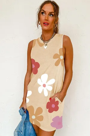 Azura Exchange Apricot Daisy Flower Print Tank Dress