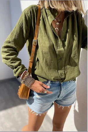 Azura Exchange Jungle Green Crinkle Textured Button Up Long Sleeve Shirt