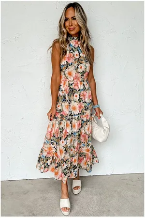 Azura Exchange Black Boho Floral Print Knotted Halter Ruffled Maxi Dress