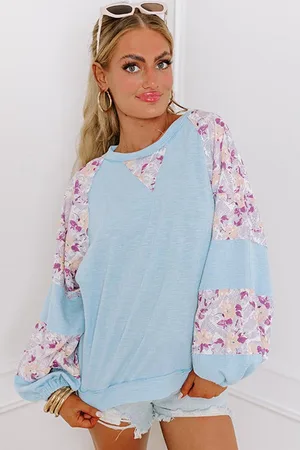 Azura Exchange Beau Blue Textured Floral Patchwork Balloon Sleeve Blouse