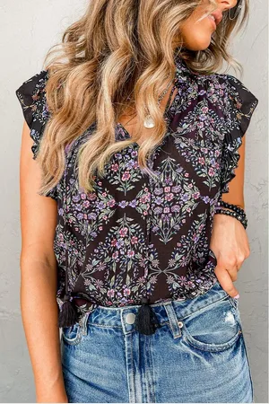 Azura Exchange Black Vintage Floral Ruffle Sleeve V Neck Blouse
