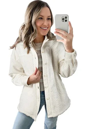 Azura Exchange White Solid Color Quilted Sherpa Patchwork Button Up Shacket