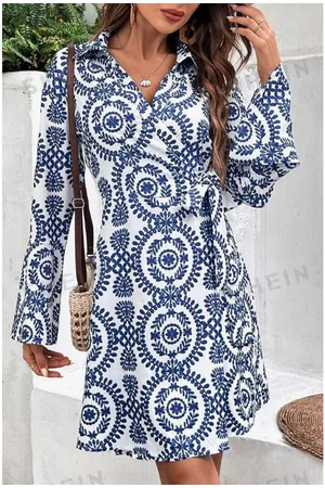 Azura Exchange Blue Floral Print V Neck Wrapped Knot Long Sleeve Dress