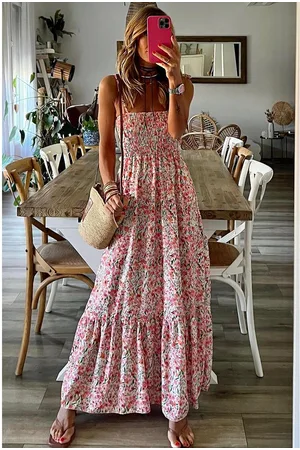 Azura Exchange White Boho Floral Smocked Ruffled Maxi Dress