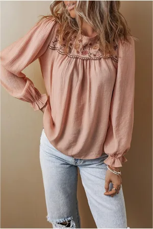 Azura Exchange Gossamer Pink Floral Embroidered Textured Flounce Sleeve Elegant Blouse