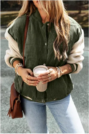 Azura Exchange Mist Green Corduroy Fleece Patchwork Buttoned Bomber Jacket