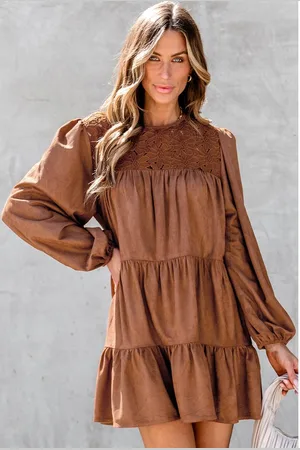 Azura Exchange Chestnut Floral Lace Crochet Tiered Ruffled Mini Dress