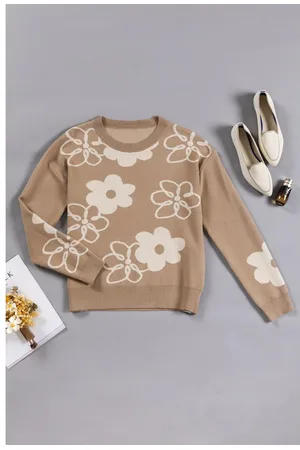 Azura Exchange Floral Drop Shoulder Ribbed Trim Sweater