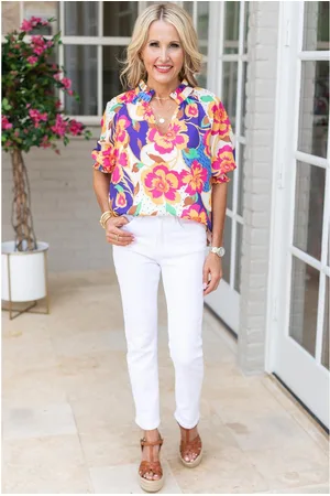 Azura Exchange Rose Red Floral Split Neck Frilled Bubble Sleeve Blouse