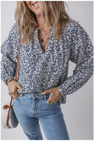 Azura Exchange Blue Floral Print Notched V Neck Puff Sleeve Blouse