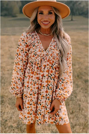 Azura Exchange Floral Deep V Neck Smocked Bust Bubble Sleeve Babydoll Dress