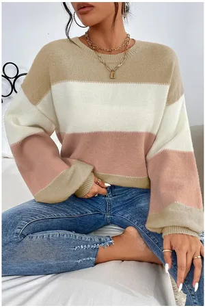 Azura Exchange Womens Striped Knitted Sweater Oversized Pullover Casual Long Sleeve PinkBeigeWhite