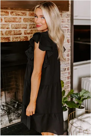 Azura Exchange Black Floral Embroidered Tiered Ruffled Mini Dress