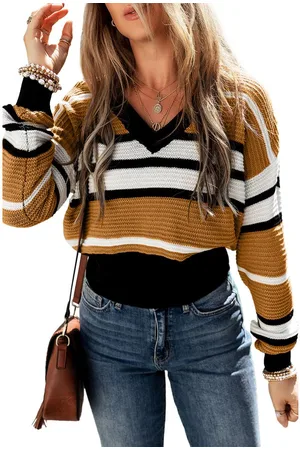 Azura Exchange Brown Stripe Contrast Stripes V Neck Textured Knit Sweater