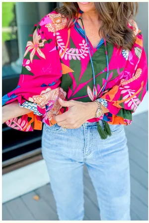 Azura Exchange Rose Blooming Flower Print Ruffled Puff Sleeve Blouse