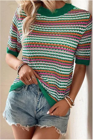 Azura Exchange Dark Green Striped Pattern Contrast Trim Pointelle Knit T Shirt