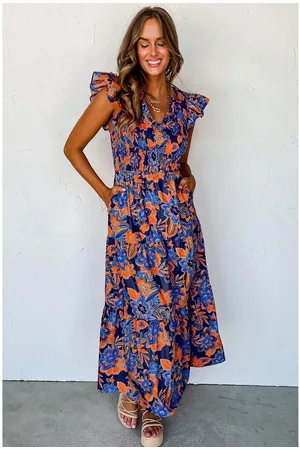 Azura Exchange Dark Blue Boho Floral V Neck Ruffle Tiered Long Dress