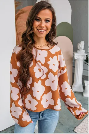 Azura Exchange Brown Floral Pattern Crew Neck Long Sleeve Loose Sweater