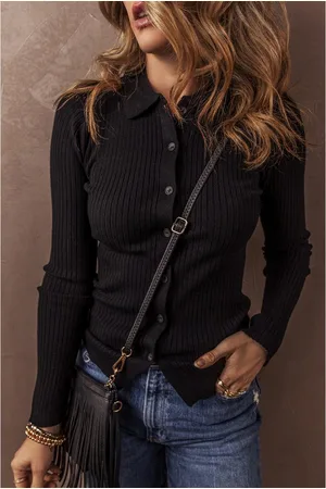 Azura Exchange Black Ribbed Knit Collared Slim Fit Sweater Cardigan