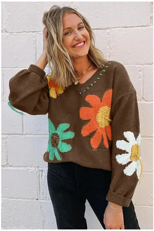 Azura Exchange Womens Floral Knit Sweater Brown