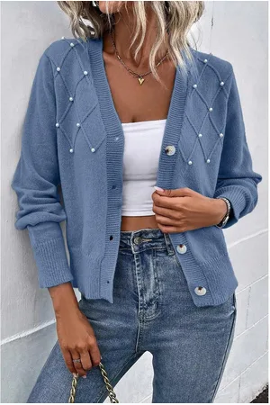 Azura Exchange Myosotis Textured Knit Pearl Beaded Button Up Cardigan