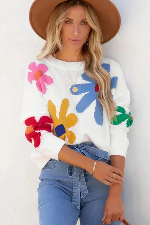 Azura Exchange Womens Floral Knit Sweater White