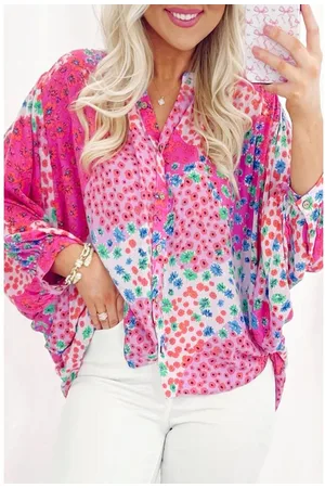 Azura Exchange Rose Red Floral Allover Print Buttoned V Neck Oversized Shirt