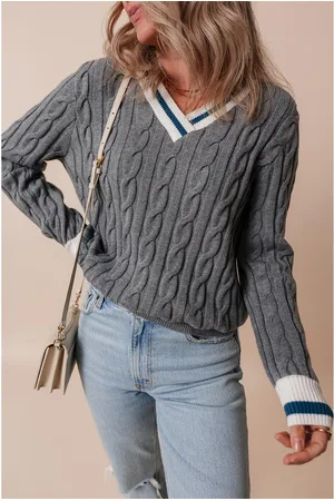Azura Exchange Medium Grey Color Contrast Ribbed Edge Cable Knit V Neck Sweater