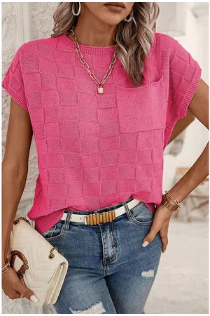 Azura Exchange Bright Pink Lattice Textured Knit Short Sleeve Sweater