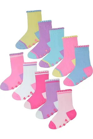 Sock Snob Halkfria häl- och tåstrumpor för småflickor | 10 par Multipack | Söta och mjuka småbarnsstrumpor med grepp - Style 1