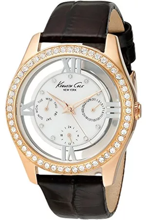Kenneth Cole Multifunktionell kvartsklocka för kvinnor med läderarmband IKC2818_Blanco, BRUN, Talla única, Transparent